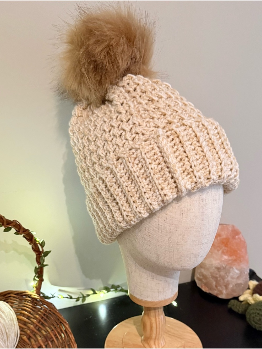 Woman Chunky Cream Crochet Beanie with Faux Fur Pom